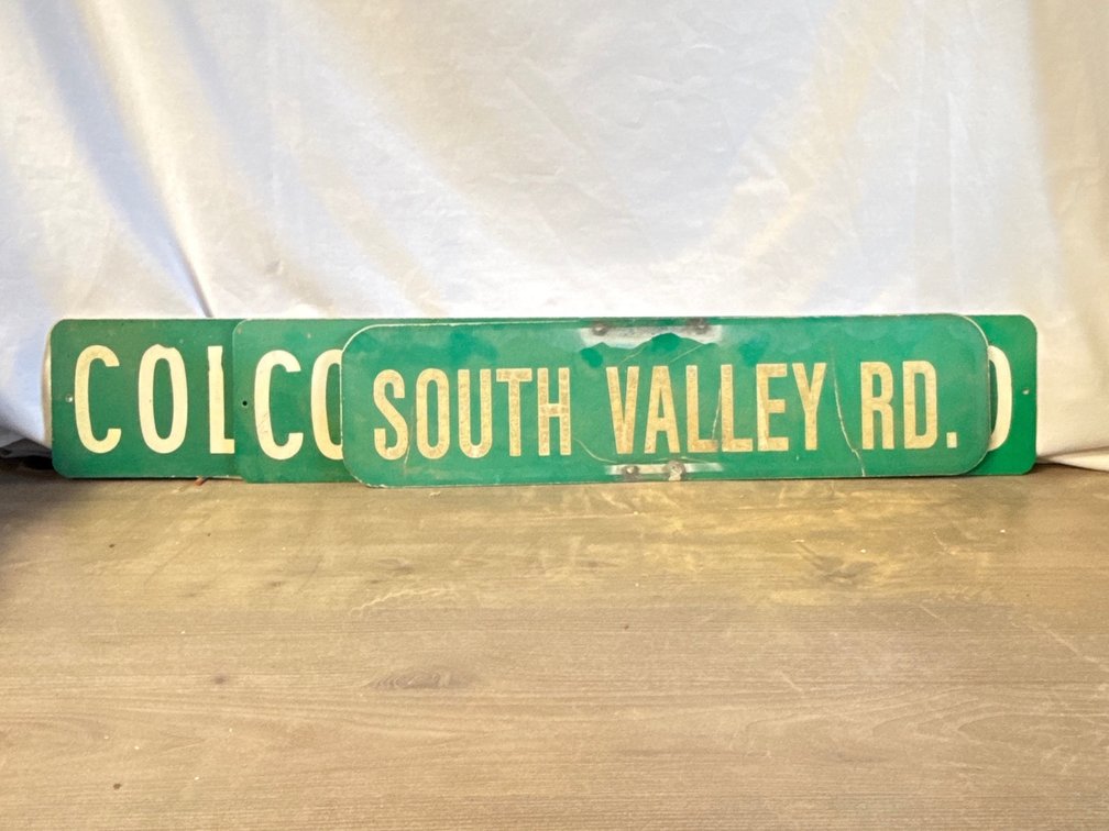Green Metal Street Signs, South Valley Rd. and Columbine Rd.