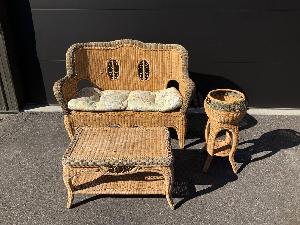 Three-Piece Wicker Settee, Coffee Table, and Plant Stand