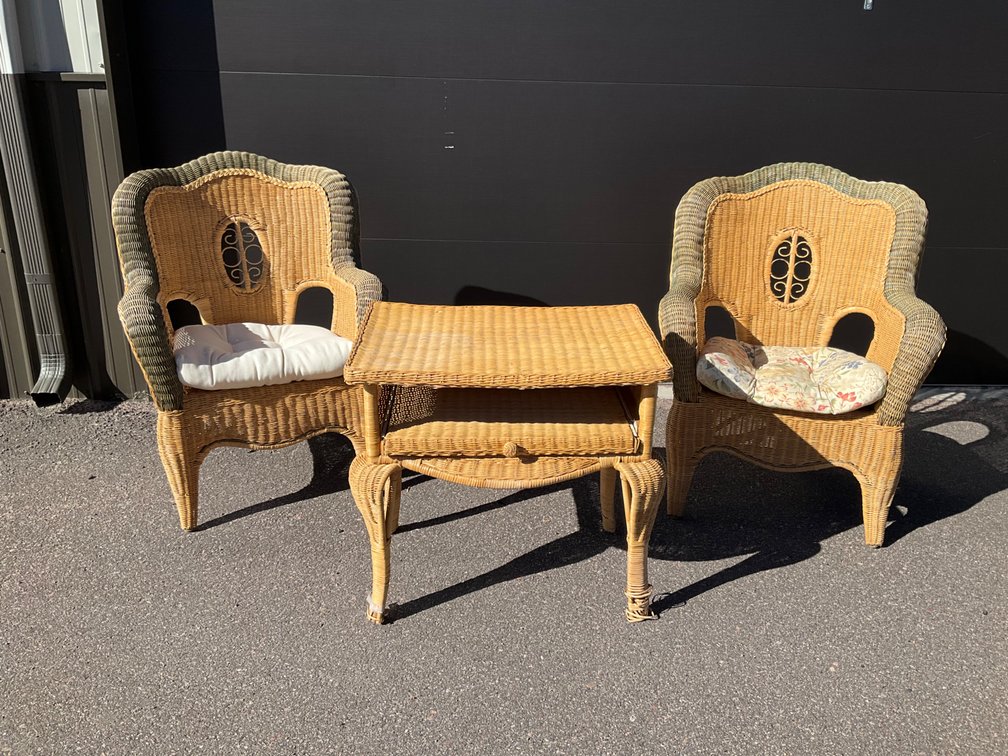 Three-Piece Wicker Desk and Armchairs Set