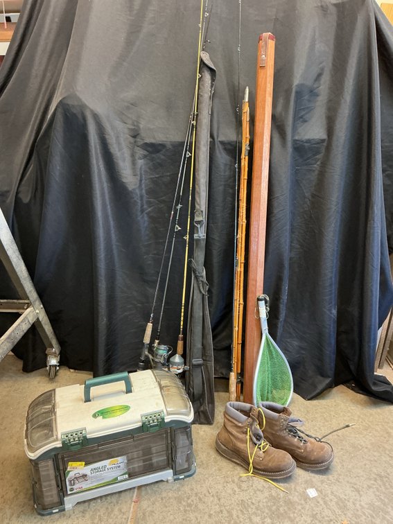 Fishing Tackle Box, Rods, Reels, Wading Boots, and Net