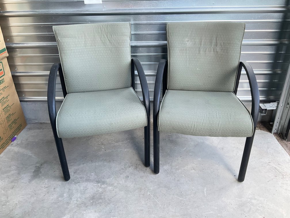 Pair of Sage Green Upholstered Armchairs with Black Frames