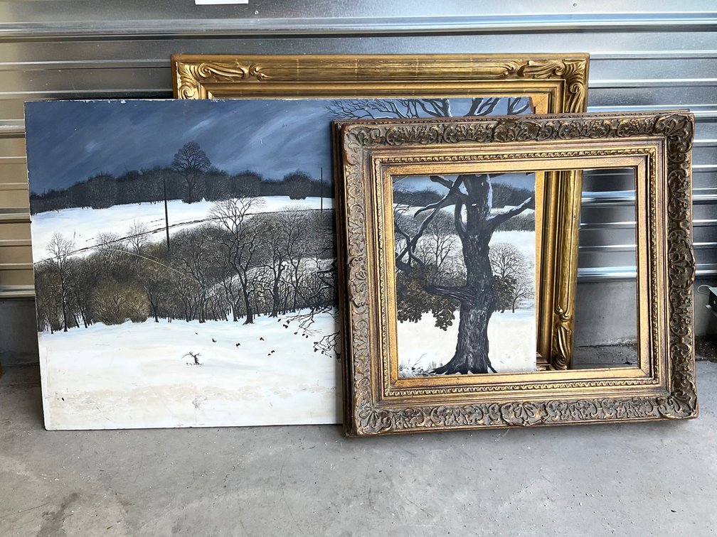 Winter Landscape Painting and Two Gilt Picture Frames
