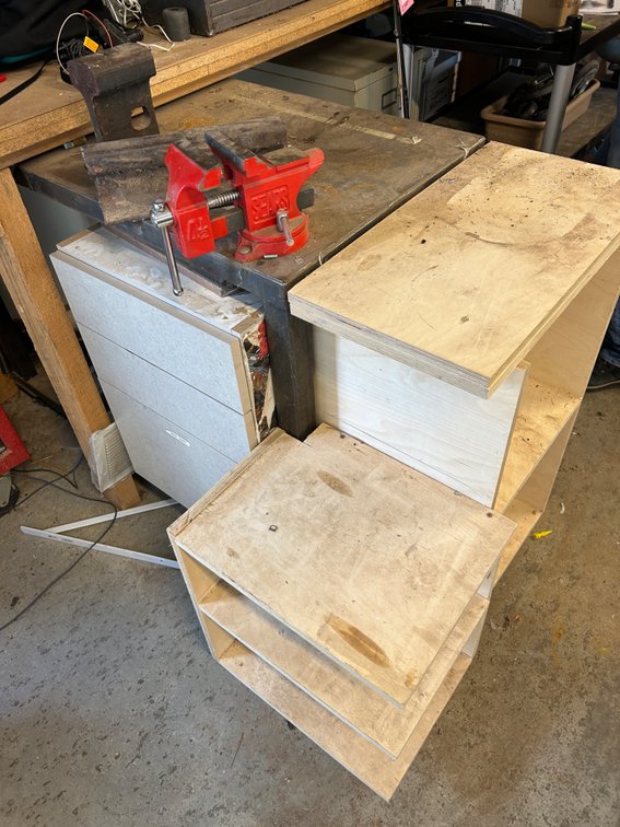 Mobile Workbench with Bench Vise, Cabinet, and Shelving