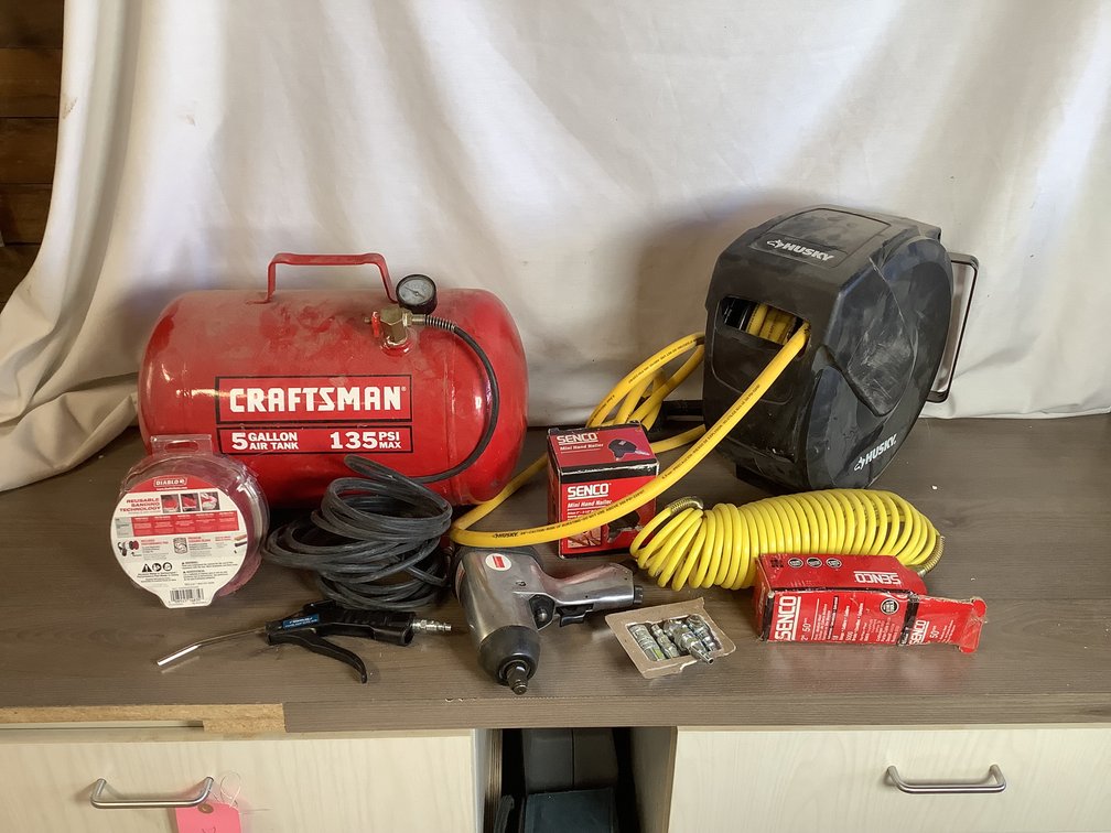 5-Gallon Air Tank, Hose Reel, and Pneumatic Tools