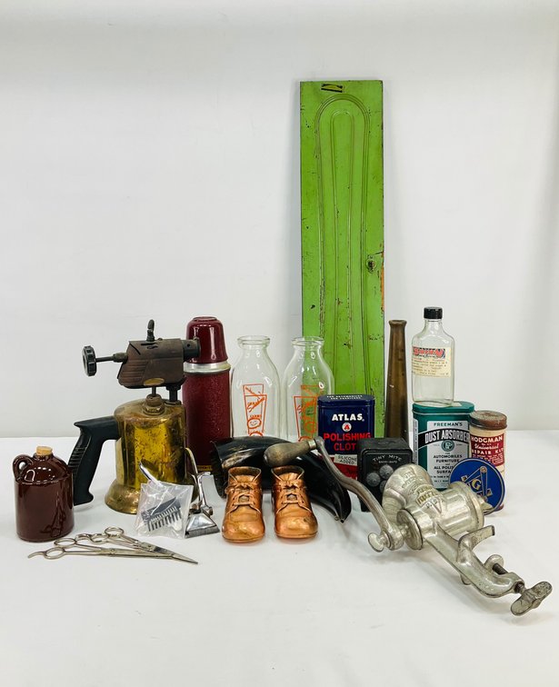 Brass Blowtorch, Food Chopper, Advertising Tins, and More