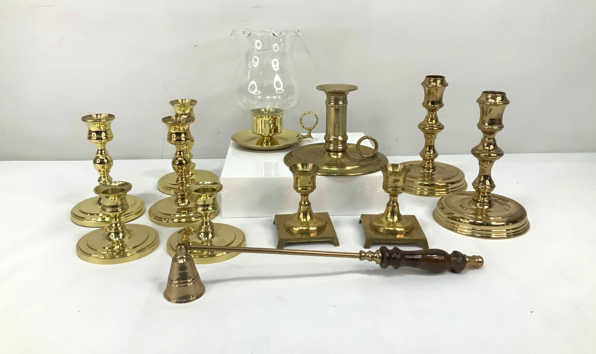 Brass Candlesticks, Chambersticks, and Candle Snuffer