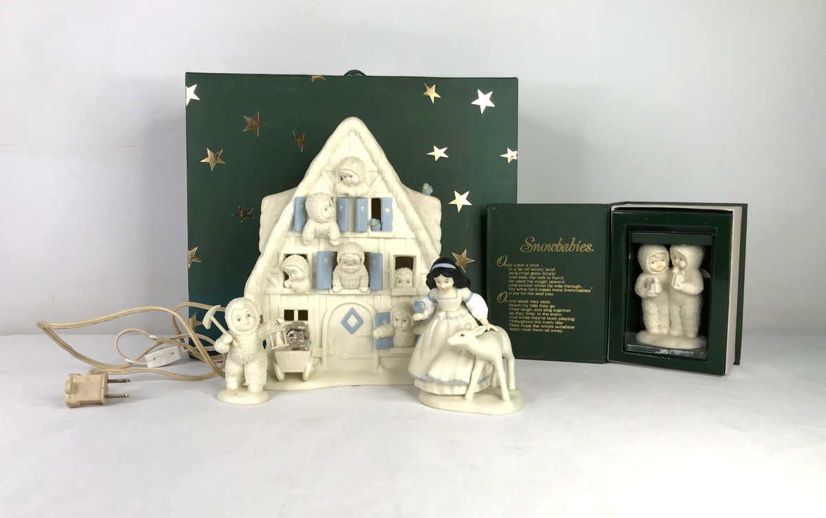 Snowbabies Bisque Porcelain Lighted Cottage and Figurines