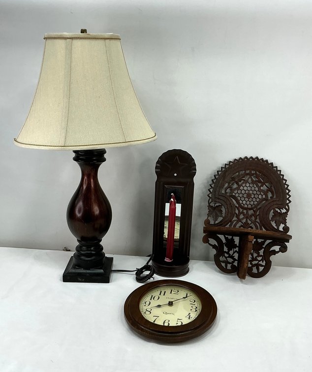 Table Lamp, Wall Clock, Carved Wall Shelf, and Mirrored Sconce