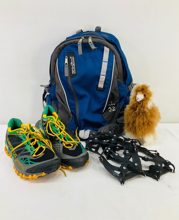Backpack, Trail Running Shoes, Traction Cleats, and Plush Figurine