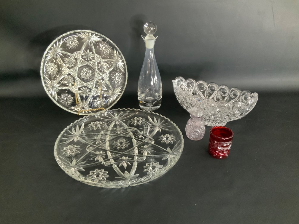 Glass Decanter, Pressed Glass Platters, Bowl, and Vessels