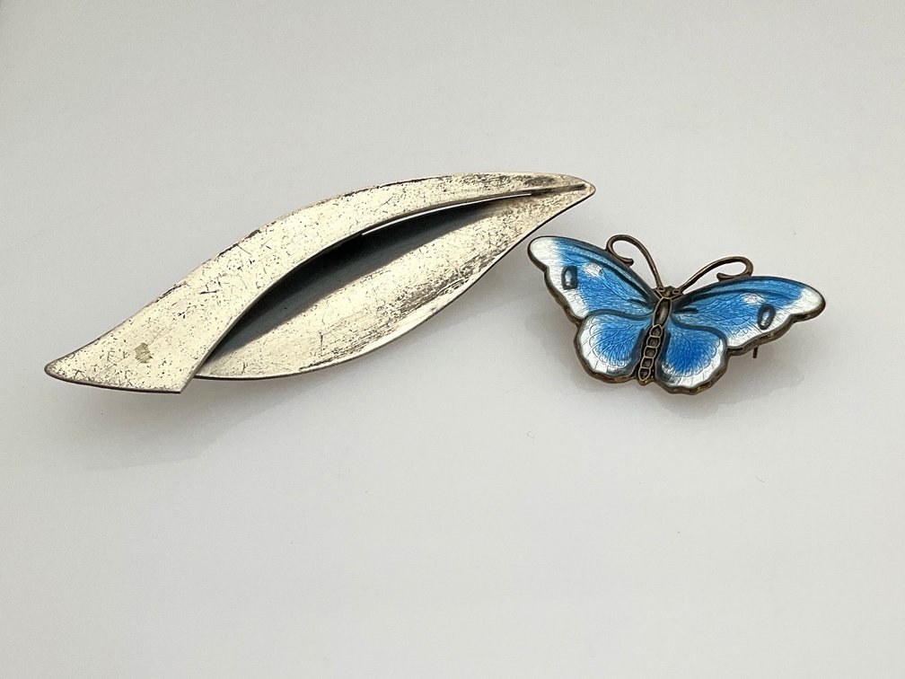 Sterling Silver Leaf Brooch and Enamel Butterfly Brooch
