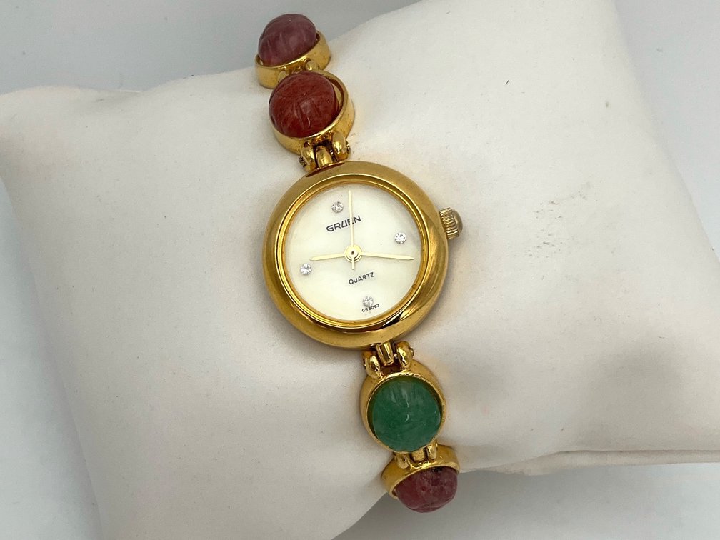 Gruen Quartz Watch with Carved Scarab Link Bracelet