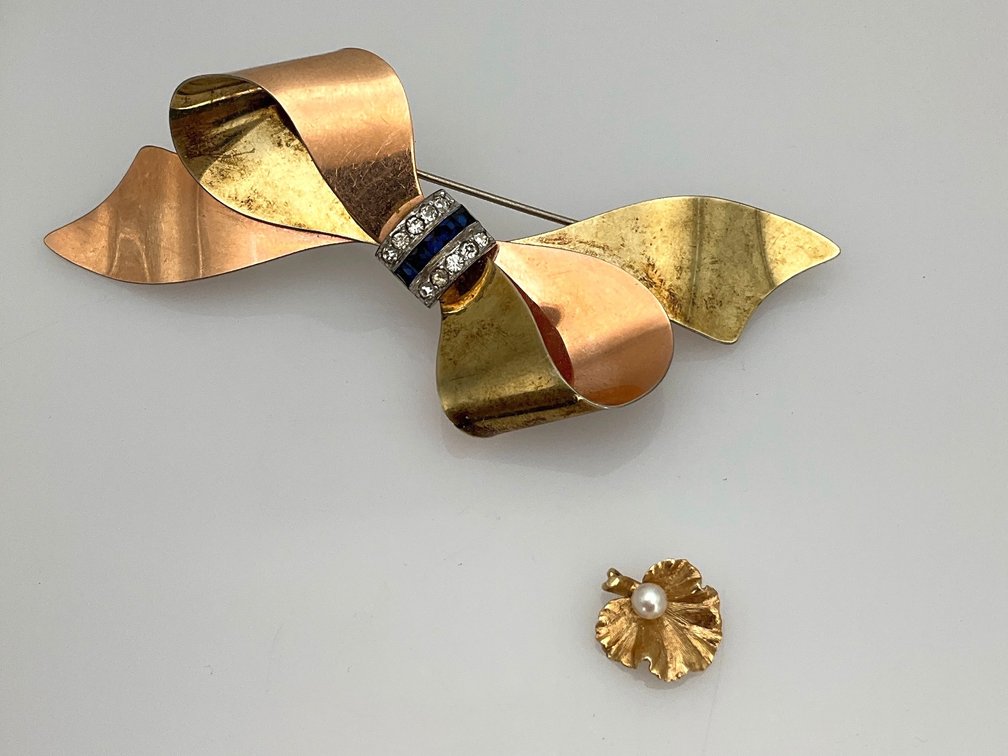 Gold-Filled Two-Tone Bow Brooch and Pearl Leaf Pendant