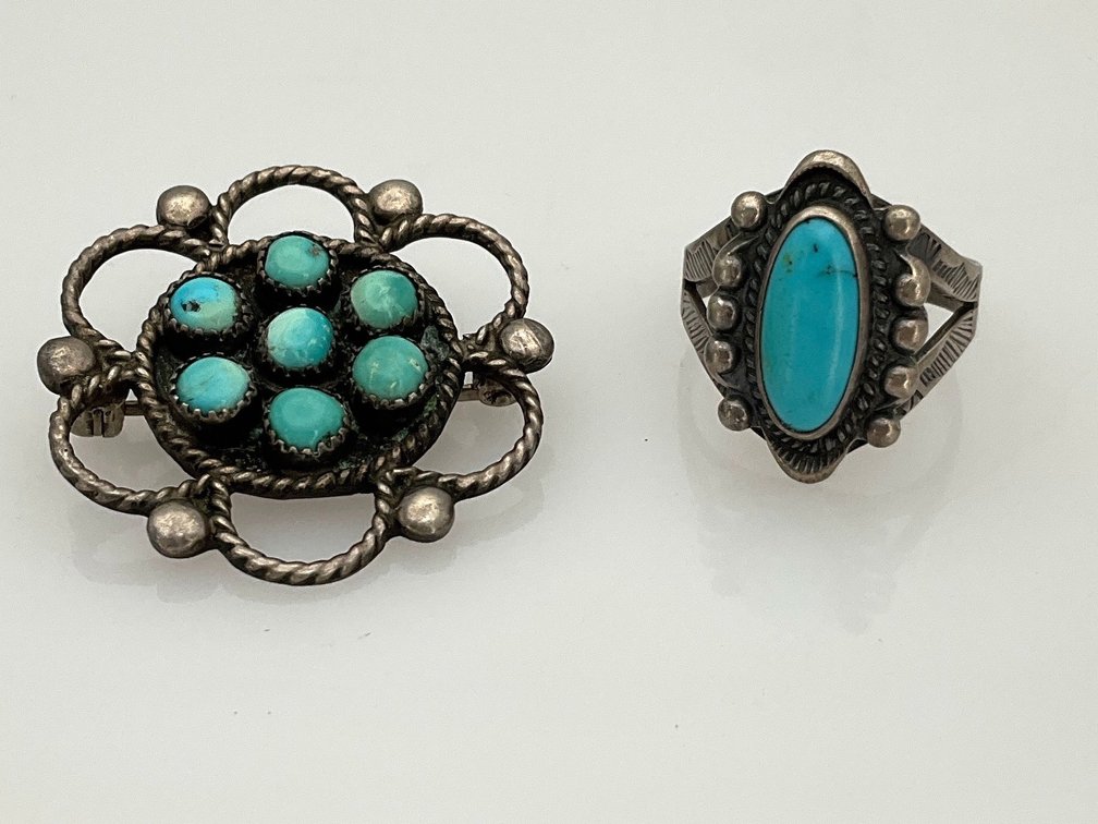 Turquoise Cluster Brooch and Sterling Silver Ring