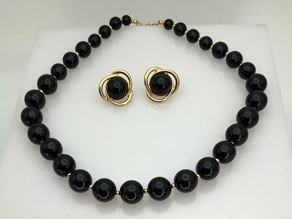 Monet Black Bead Necklace and Swirl Clip-On Earrings