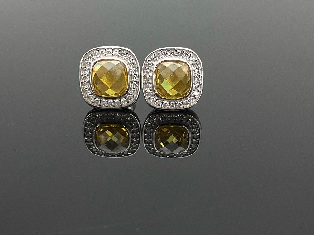 David Yurman Style Sterling Silver Yellow Zircon Halo Stud Earrings