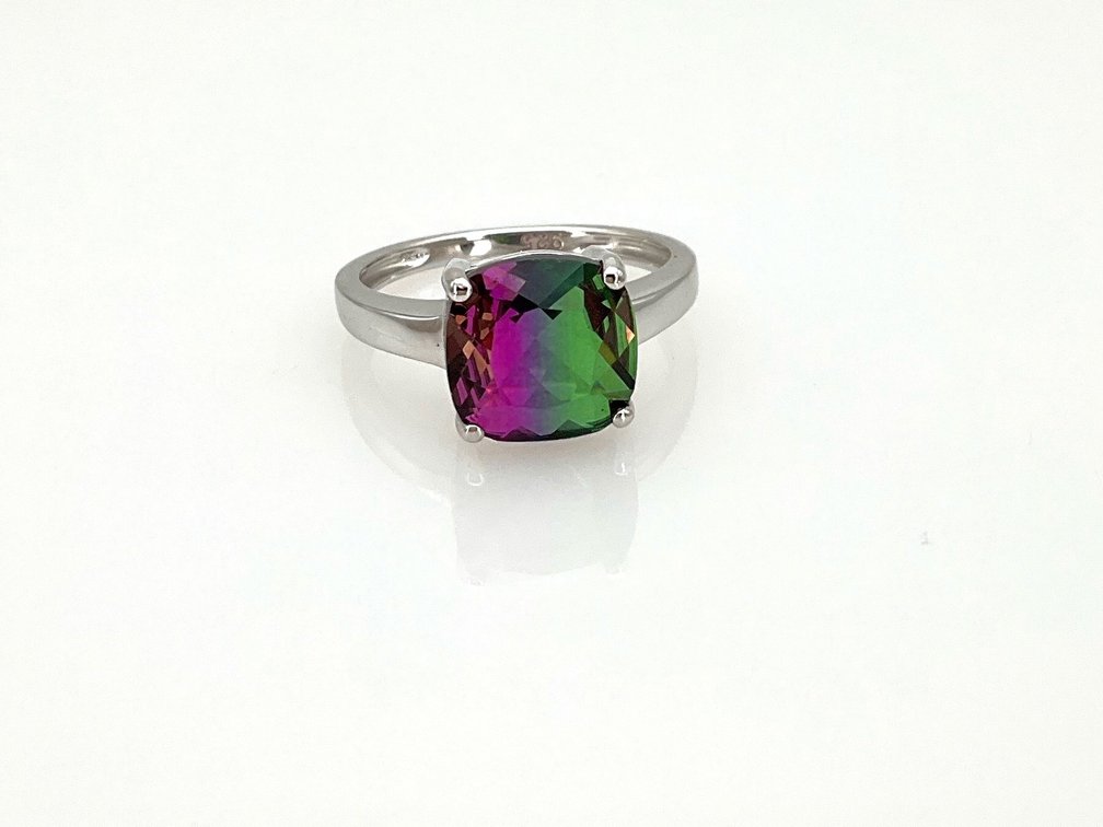 Silver Cushion-Cut Bicolor Gemstone Ring