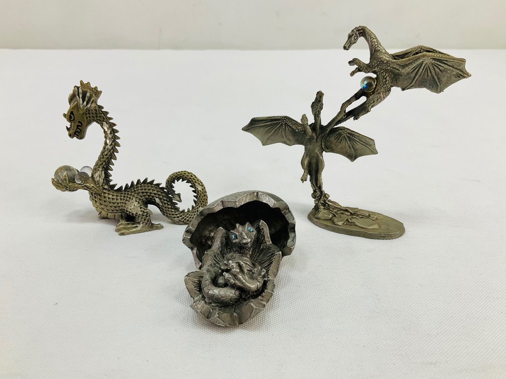Cast Pewter Dragon Figurines with Crystal Accents