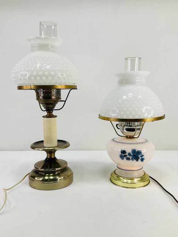 Two Electric Table Lamps with Milk Glass Hobnail Shades