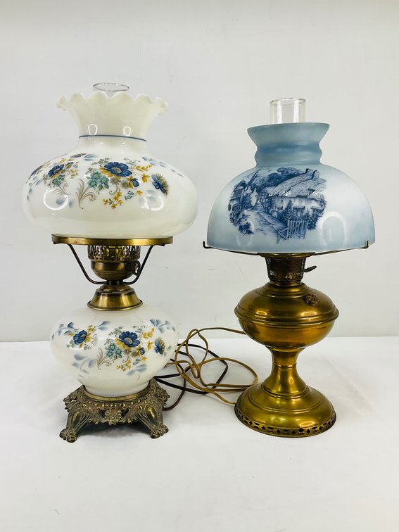 Painted Milk Glass and Scenic Glass Electric Parlor Lamps