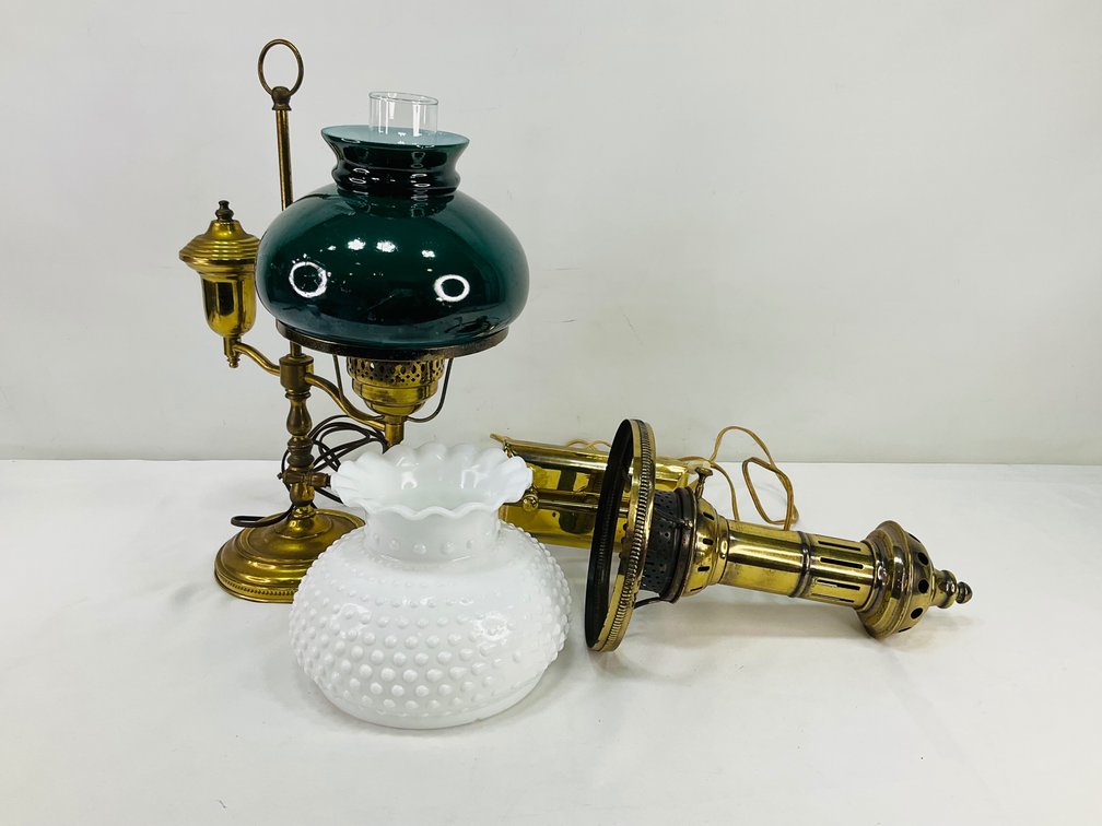Brass Student Lamp, Lighting Fixtures, and Glass Shades