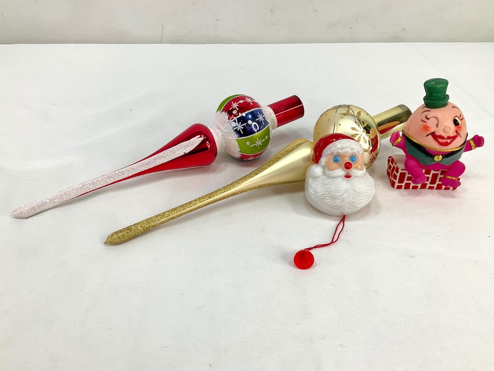 Glass Tree Toppers, Santa Pull-String Ornament, and Humpty Dumpty