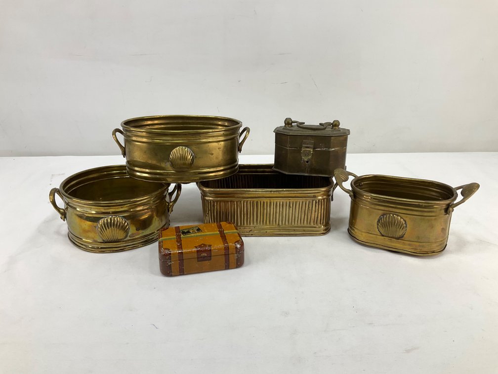 Brass Planters, Lidded Brass Box, and Novelty Tin