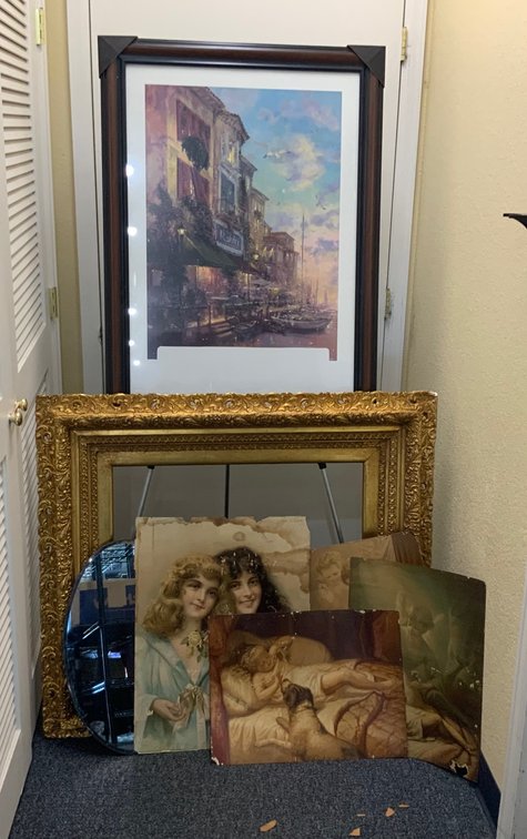 Framed Art, Ornate Gilt Frame, Oval Mirror, and Prints