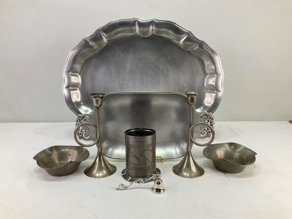 Pewter and Metalware Tableware, Candlesticks, and Trays