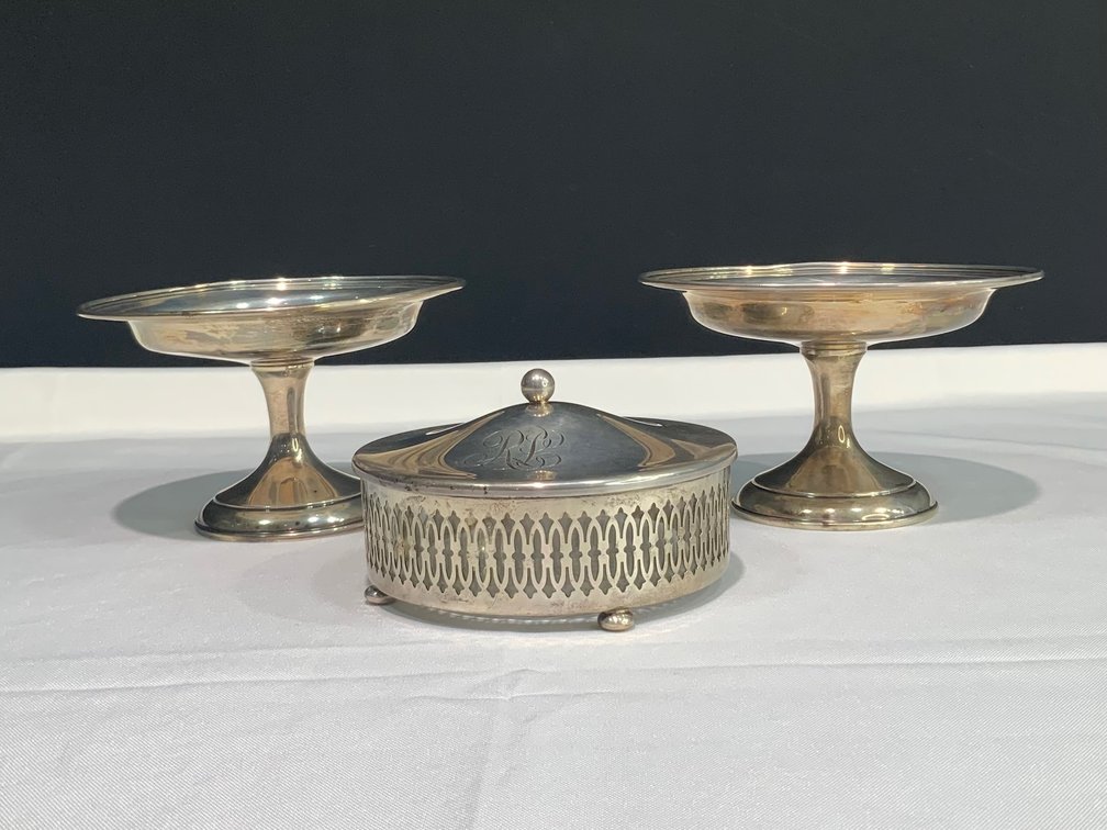 Sterling Silver Compotes and Covered Dish with Glass Insert
