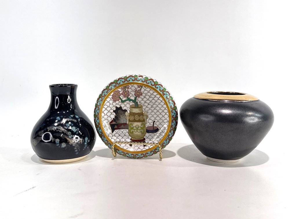 Miniature Ceramic Vases and Cloisonné Enamel Dish