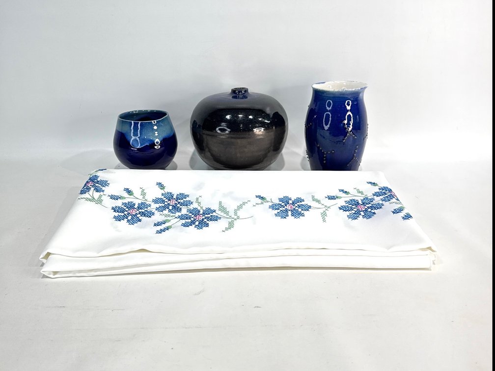 Glazed Ceramic Vessels and Embroidered Textile