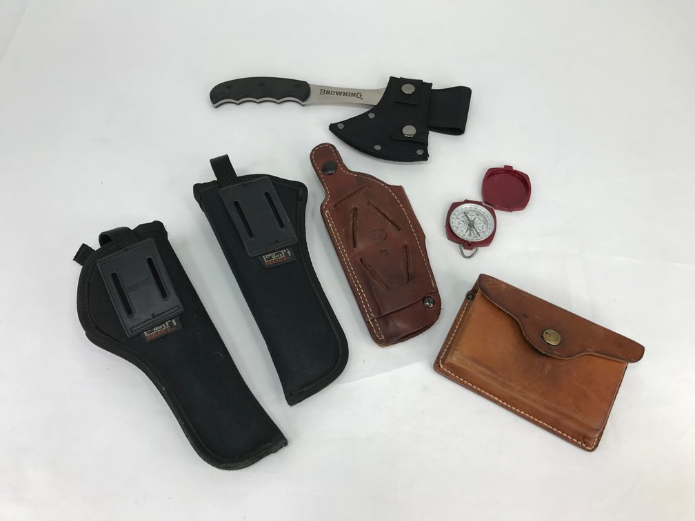 Hatchet, Gun Holsters, Leather Pouch, and Compass