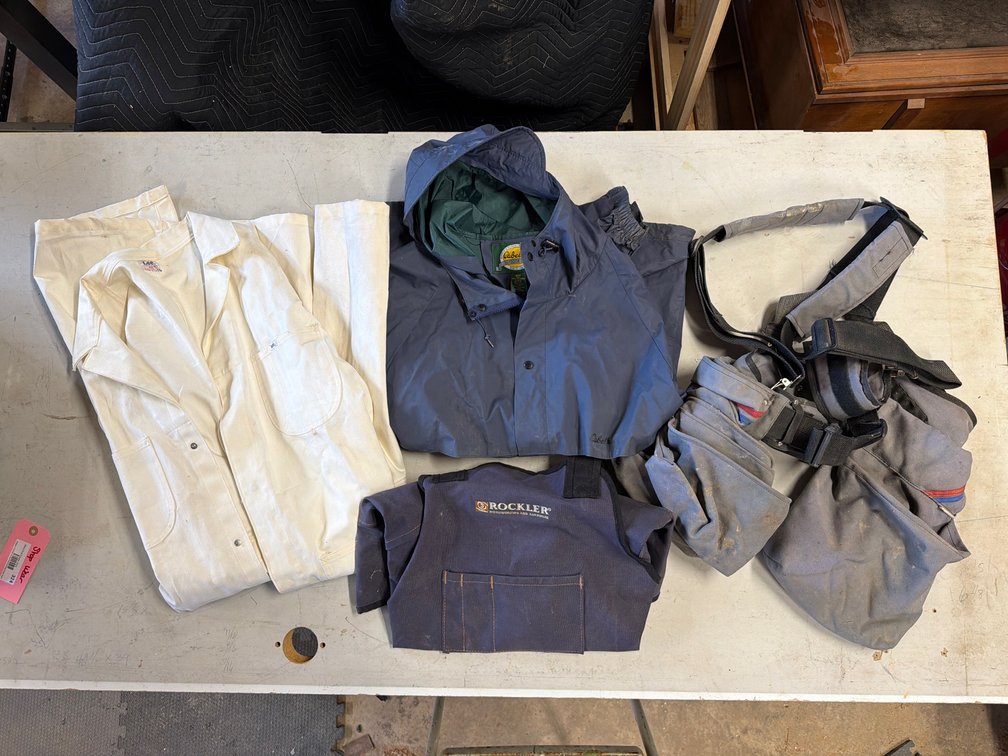 Workwear, Shop Apron, Rain Jacket, and Tool Belt Rig
