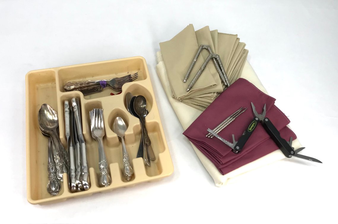 Silver-Tone Flatware, Table Linens, Nutcrackers, and Remington Multi-Tool