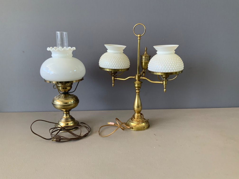 Brass-Tone Electric Table Lamps with Milk Glass Shades