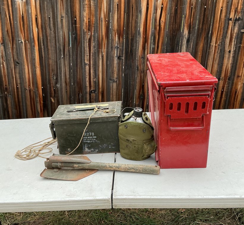 Ammunition Cans, Canteen, and Folding Shovel