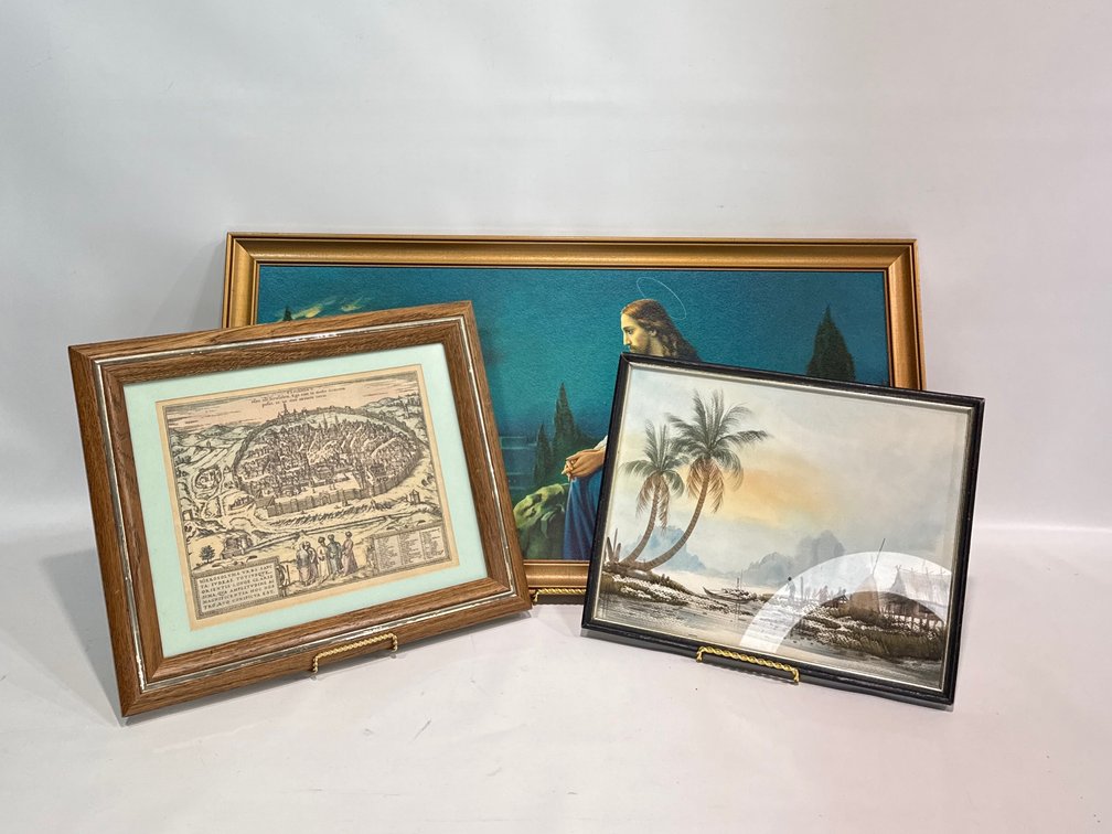 Framed Religious Print, Jerusalem Map Print, and Landscape