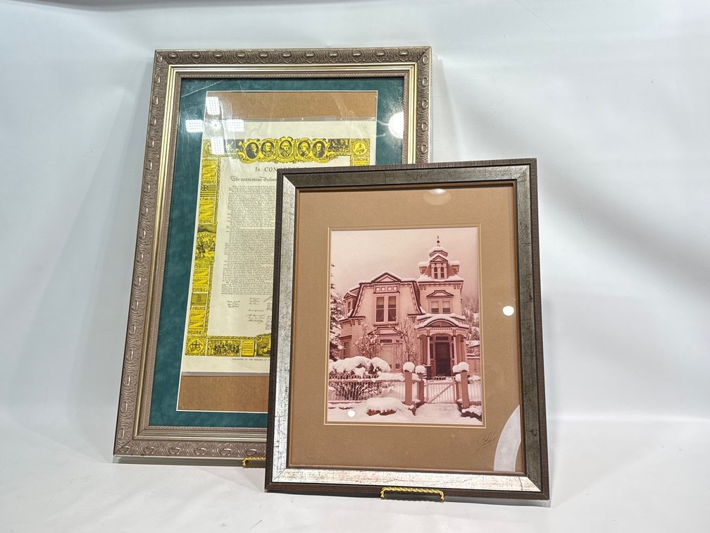 Framed Declaration of Independence Print and Victorian House Photograph