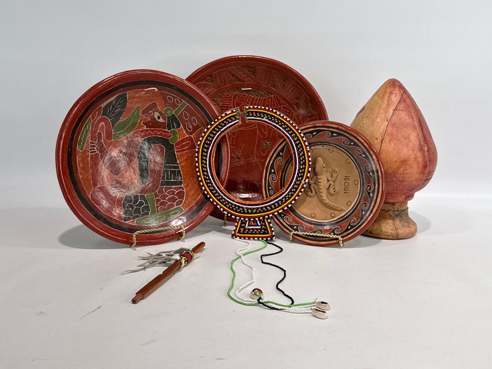Terracotta Plates, Beaded Collar Necklace, and Pipe Stem