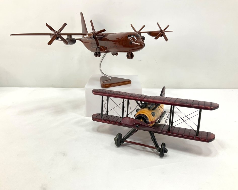 Carved Wooden Four-Engine Transport and Biplane Models