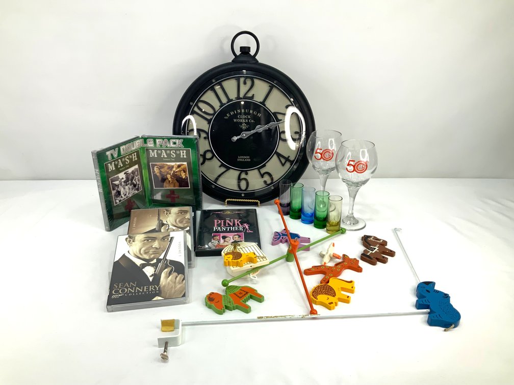 Wall Clock, Glassware, DVDs, and Wooden Crib Mobile
