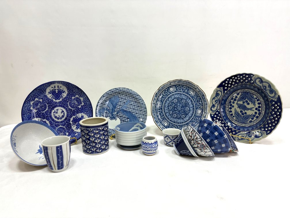 Blue and White Porcelain Plates, Bowls, and Cups