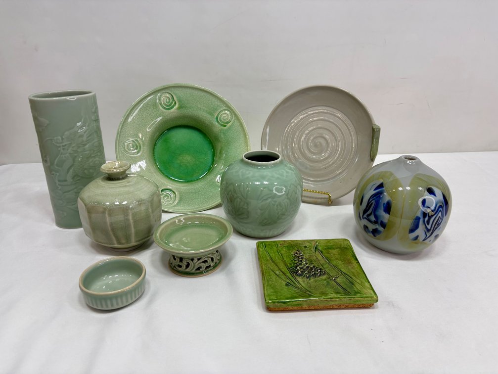 Celadon Ceramic Vessels, Art Pottery, and Signed Tile