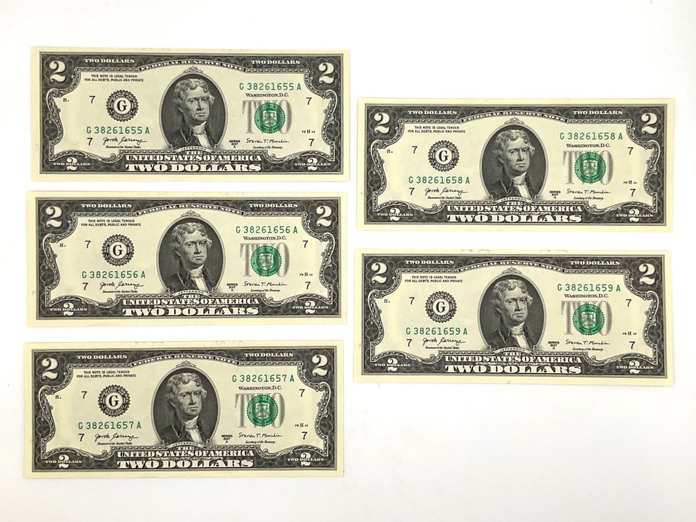 Five $2 Bills Consecutive Serial Numbers