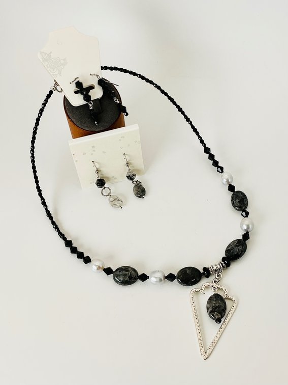 Larvikite, Pearl and Pewter Necklace with Quartz Earrings