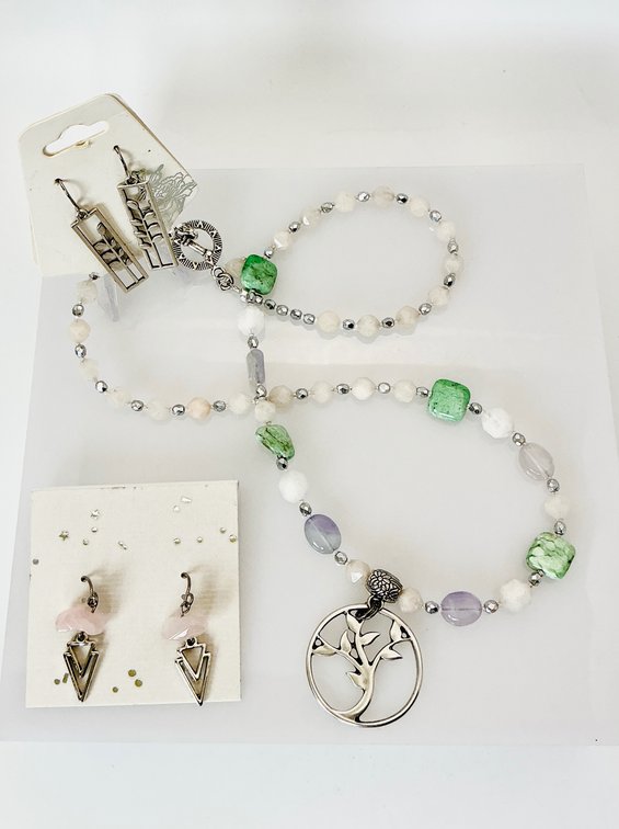 Morganite, Fluorite and Pewter Necklace with Coordinating Rose Quartz Earrings