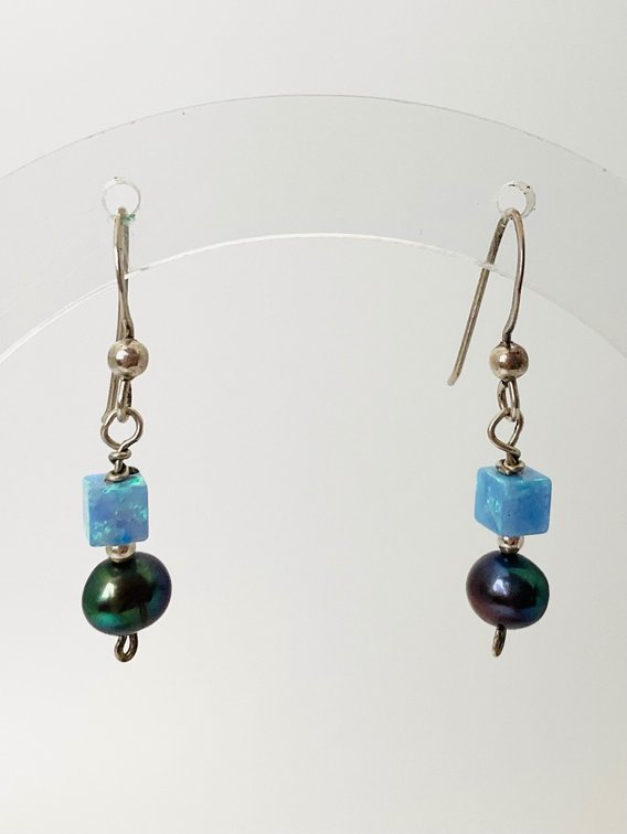 Silver Opal and Black Pearl Earrings