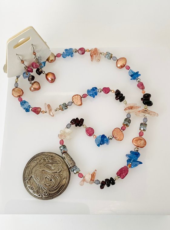 Pearl, Strawberry Quartz and Garnet Beaded Necklace and Earring Set