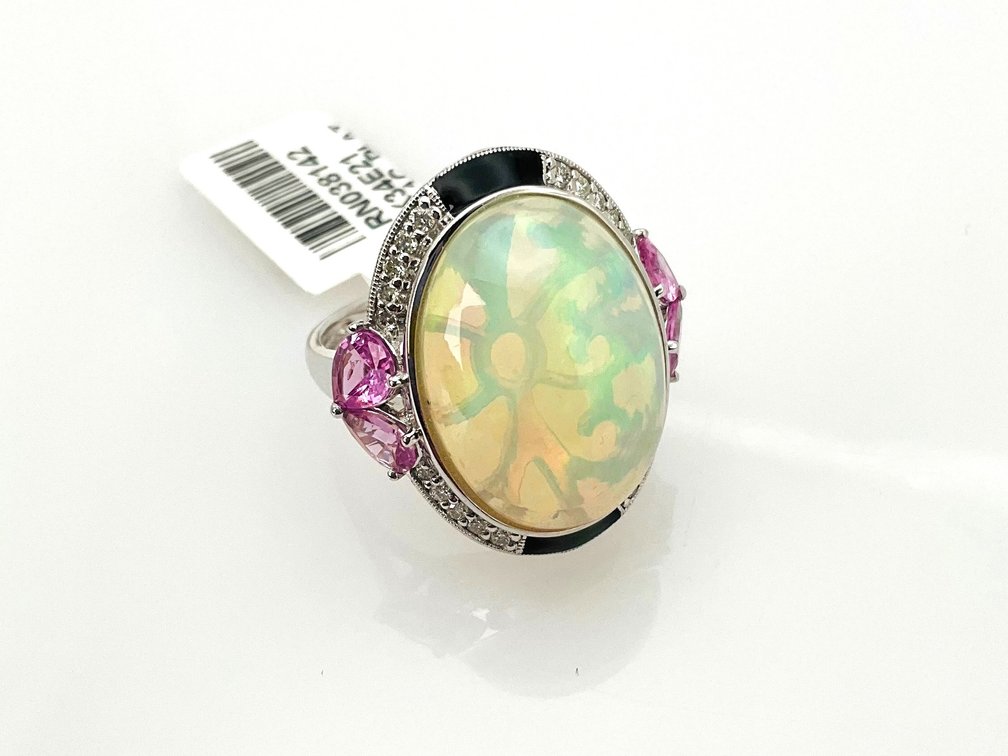 Platinum Opal, Pink Sapphire and Diamond Ring